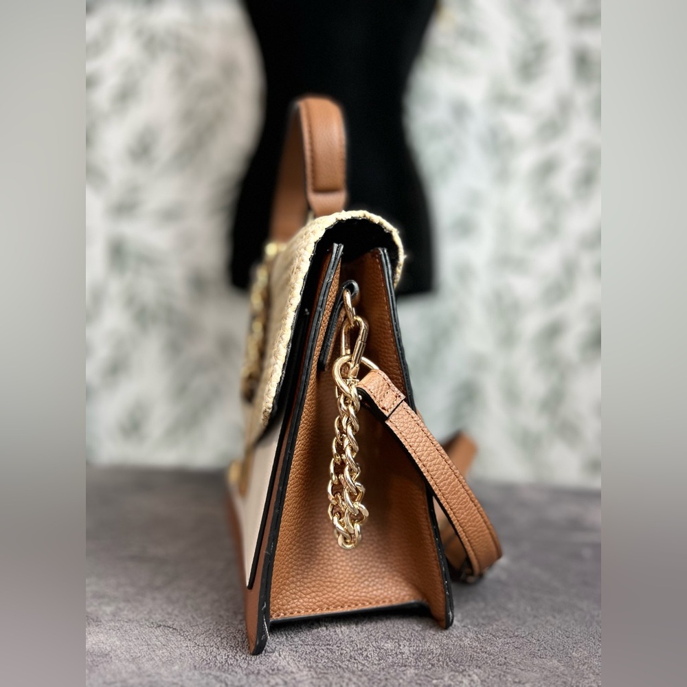 ALDO with Brown/Cream Flap Closure Top Handle Crossbody Strap Gold Hardware Bag - Picture 4 of 13